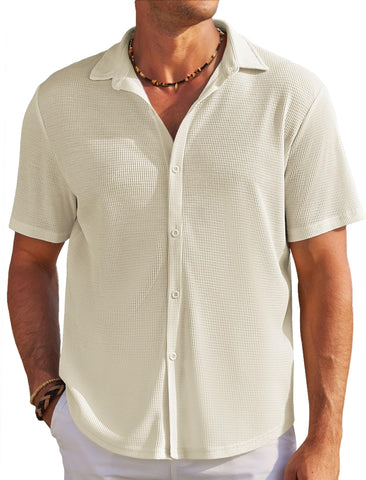 COOFANDY Men's Waffle Knit Button Down Shirt Short Sleeve Regular Fit Casual Dress Shirts Beige