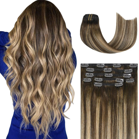 Honsoo Human Hair Clip in Extensions 70g 7pcs12Inch Chocolate Brown To Blonde Natural Hair Extensions Straight Thick Hair Extensions Soft Silky Extensions For Women