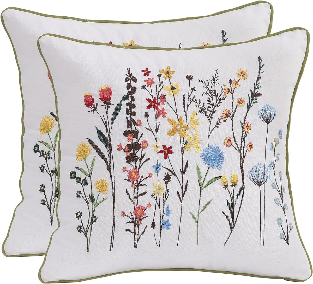 Tosleo Wildflower Pillow Covers 16x16 inch Pack of 2 Flowers Embroidered Decorative Pillowcases Throw Pillow Covers Farmhouse Pillow Cushion Cases Boho Home Decor Square Floral Pillow Case