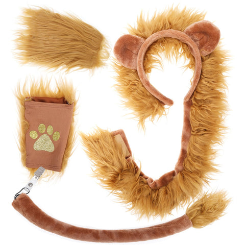 XEPST Animal Lion Costume Set - Lion Ears Headband, Tail and Paw Set with Headband, Paws, Tail for Animal Costume Cosplay, Birthday Party Accessories, Halloween Fancy Dress Party Supplies