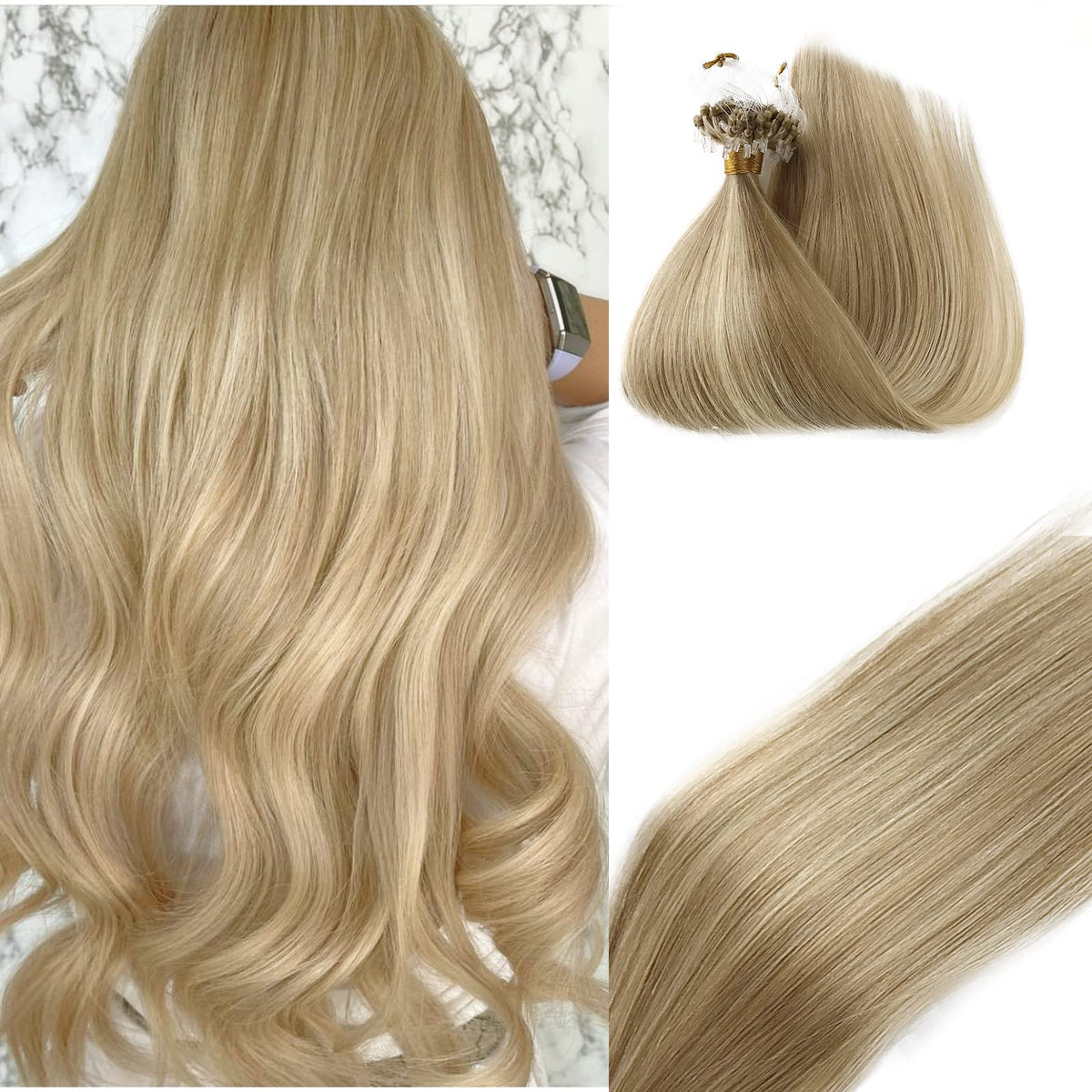 Highlights Microlink Hair Extensions Human Hair,14" Micro Ring Hair Extensions Color #16P22 Caramel Blonde Highlighted Hair Extensions Straight Micro Hair Human Hair Beaded Hair Extensions 50G/50S