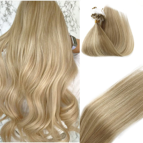 Highlights Microlink Hair Extensions Human Hair,14" Micro Ring Hair Extensions Color #16P22 Caramel Blonde Highlighted Hair Extensions Straight Micro Hair Human Hair Beaded Hair Extensions 50G/50S