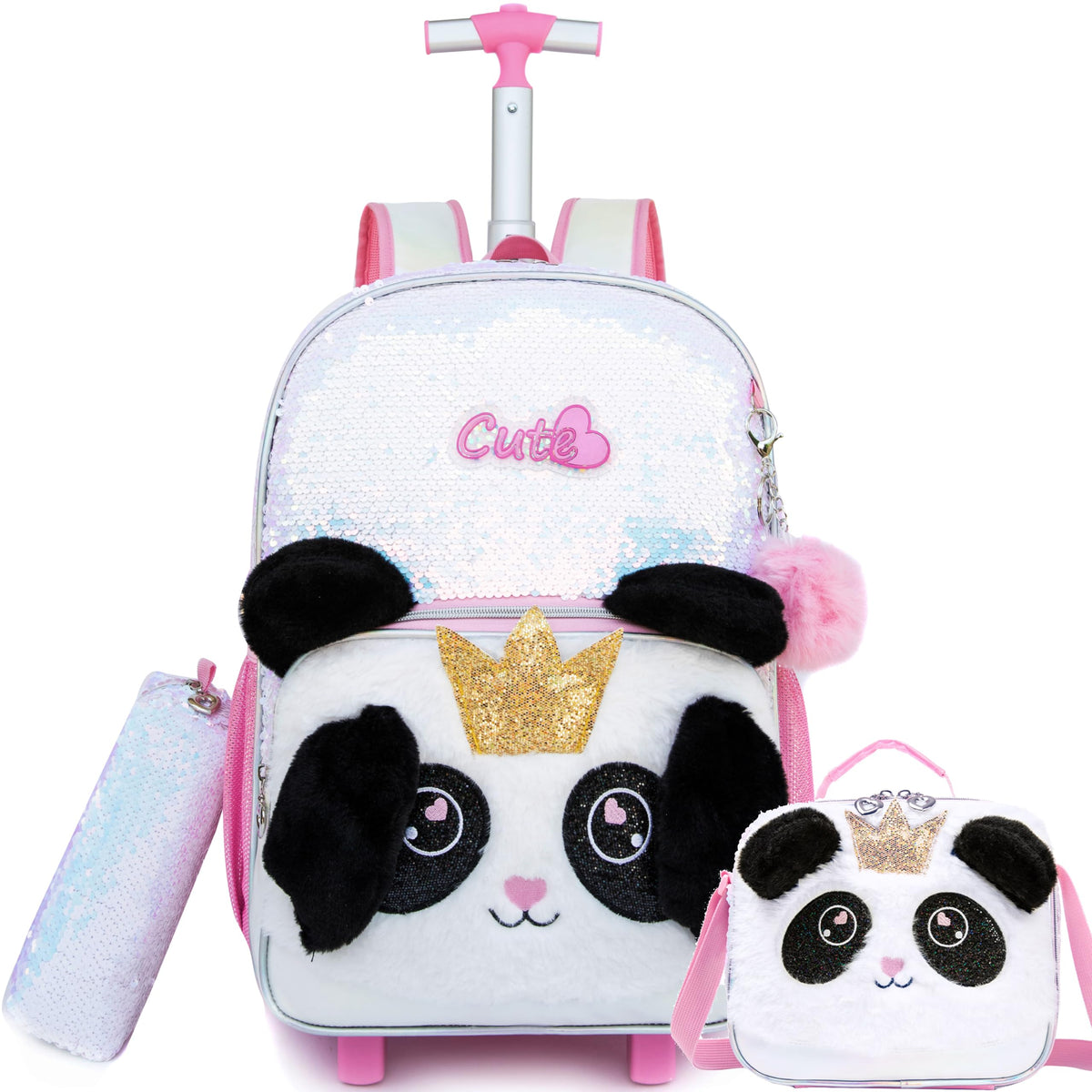 MYHSBYO Cute Panda Rolling Backpack for Girls Backpacks with Wheels for Elementary Students Kids 3 in 1 Travel Luggage Carry on Suitcase with Lunch Box for Girls Age 8-10