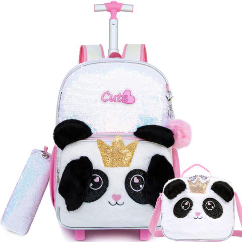 MYHSBYO Cute Panda Rolling Backpack for Girls Backpacks with Wheels for Elementary Students Kids 3 in 1 Travel Luggage Carry on Suitcase with Lunch Box for Girls Age 8-10