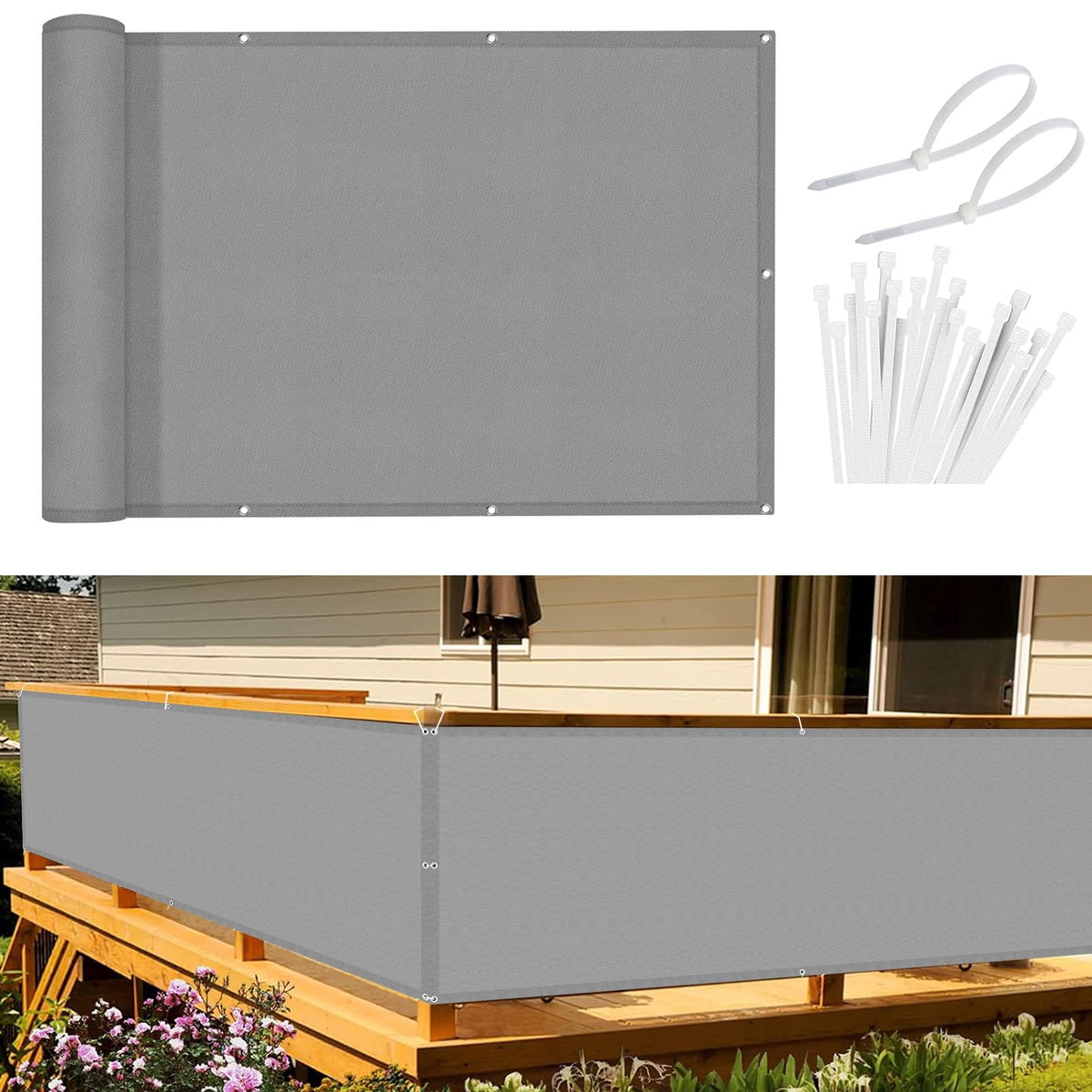 Sunnylaxx Balcony Privacy Screen 100x300 cm Fence Screen for Balcony and Patio,Balcony Cover, PES(170g/?) Water-Repellent Wind Protection, with Rope and Aluminium Eyelets Grey