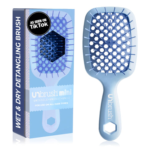 FHI Heat UNbrush Mini Detangler Brush for Pain-Free Brushing on All Wet or Dry Hair Types - Durable Duoflex Anti-Static Bristles, Lightweight Handle, Vented Mini Hair Brush, Periwinkle Light Blue
