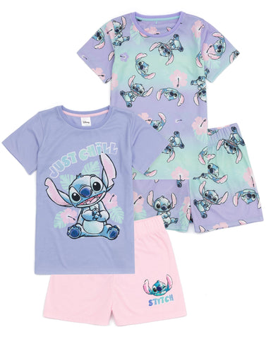 Disney Lilo And Stitch Girls 2 Pack Pyjama Set | Kids Short Sleeve T-Shirt Complete & Shorts PJs | Just Chill Alien Graphic Purple