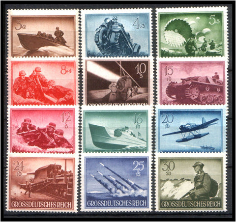 12 DIFFERENT RARE ORIGINAL WW2 NAZI WEHRMACHT STAMPS w DRAMATIC BATTLE SCENES (GROSSDEUTSCHES REICH) FLAWLESS MNH!