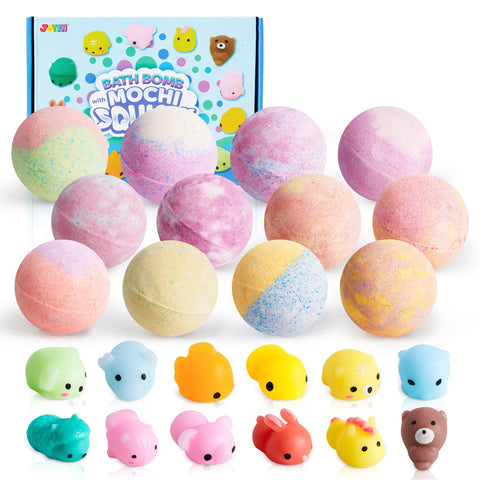 JOYIN Bath Bombs for Kids with Mochi Squishy Toy, 12 Pack Bubble Bath Bombs with Surprise Toy Inside, Natural Essential Oil SPA Bath Fizzies Set, Party Favors for Boys Girls Birthday Gifts