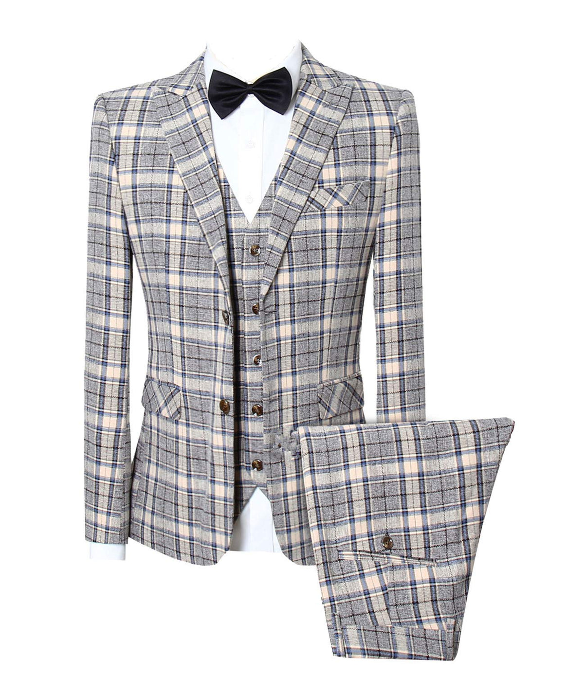 MOGU Mens 3 Piece Slim Fit Plaid Suit Blazer+Vest+Pants US Size 38 Ivory