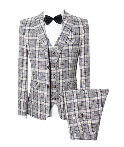 MOGU Mens 3 Piece Slim Fit Plaid Suit Blazer+Vest+Pants - Beige - 32