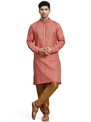 SKAVIJ Men's Brocade Silk Embroidered Kurta Pajama Set Thread Work Festive Party Ethnic Dress (KP057red_Red_XL)