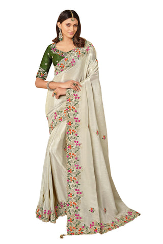 TRENDMALLS Women's Silk Embroidred Saree with Unstitch Blouse Piece (K960-Beige)