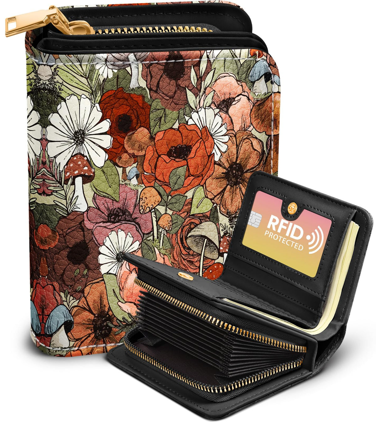 Bistup Credit Card Holder Wallet for Women Cute Leather Ladies Teen Girls Female Cardholder Wallets Accordion Purse Small Medium Aesthetic Print Mushroom Flower Unique Modern Design Rfid Zipper Around