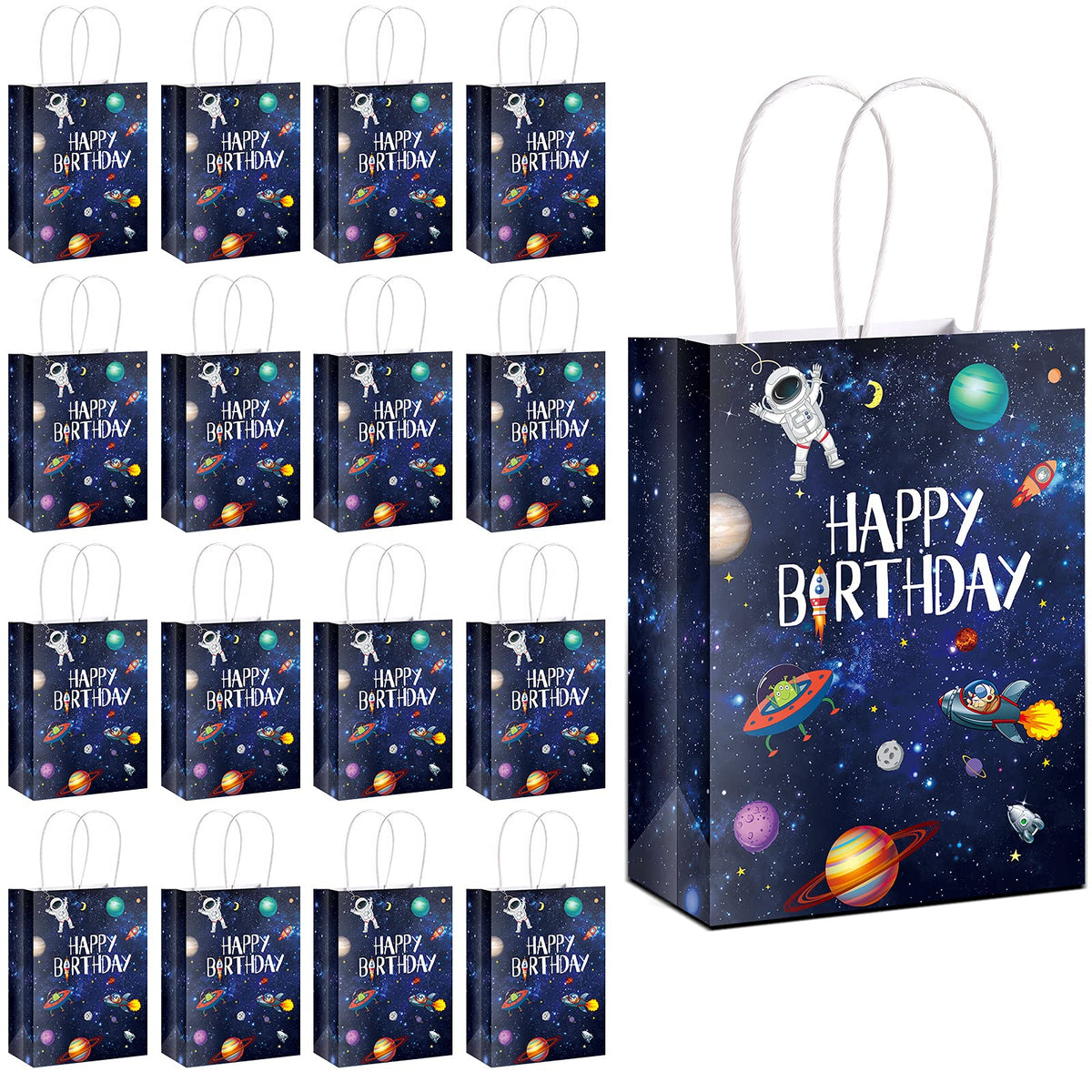 Outus 16 Pack Outer Birthday Space Party Favors Space Goody Bags with Handles Galaxy Gift Bags Kraft Paper Planet Goodie Bags Treat Bags Astronaut Present Bags for Boys Girls Space Theme Party