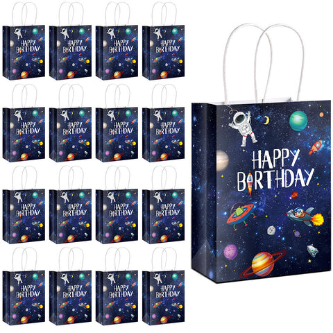 Outus 16 Pack Outer Birthday Space Party Favors Space Goody Bags with Handles Galaxy Gift Bags Kraft Paper Planet Goodie Bags Treat Bags Astronaut Present Bags for Boys Girls Space Theme Party
