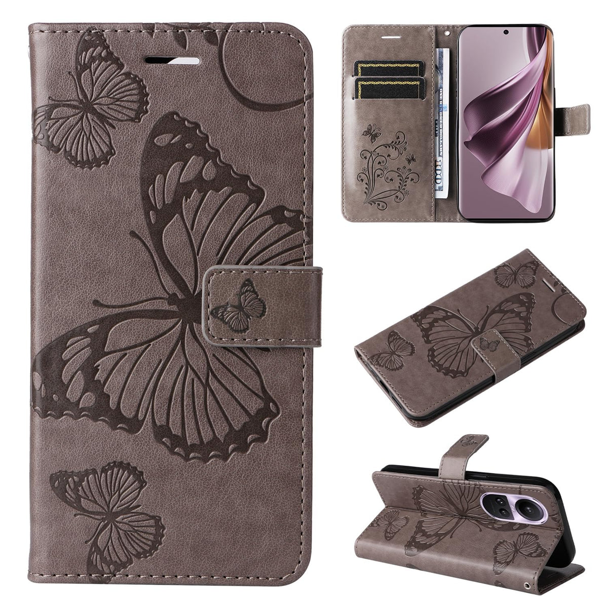 Fashion Solid Color Flip Covers Compatible with Oppo A78 Reno 10 Pro A 78 Reno10Pro 5G CPH2483 CPH2525 Butterfly Phone Cases Simplicity Frame Non-Slip Shell (Gray,Reno 10Pro 5G)