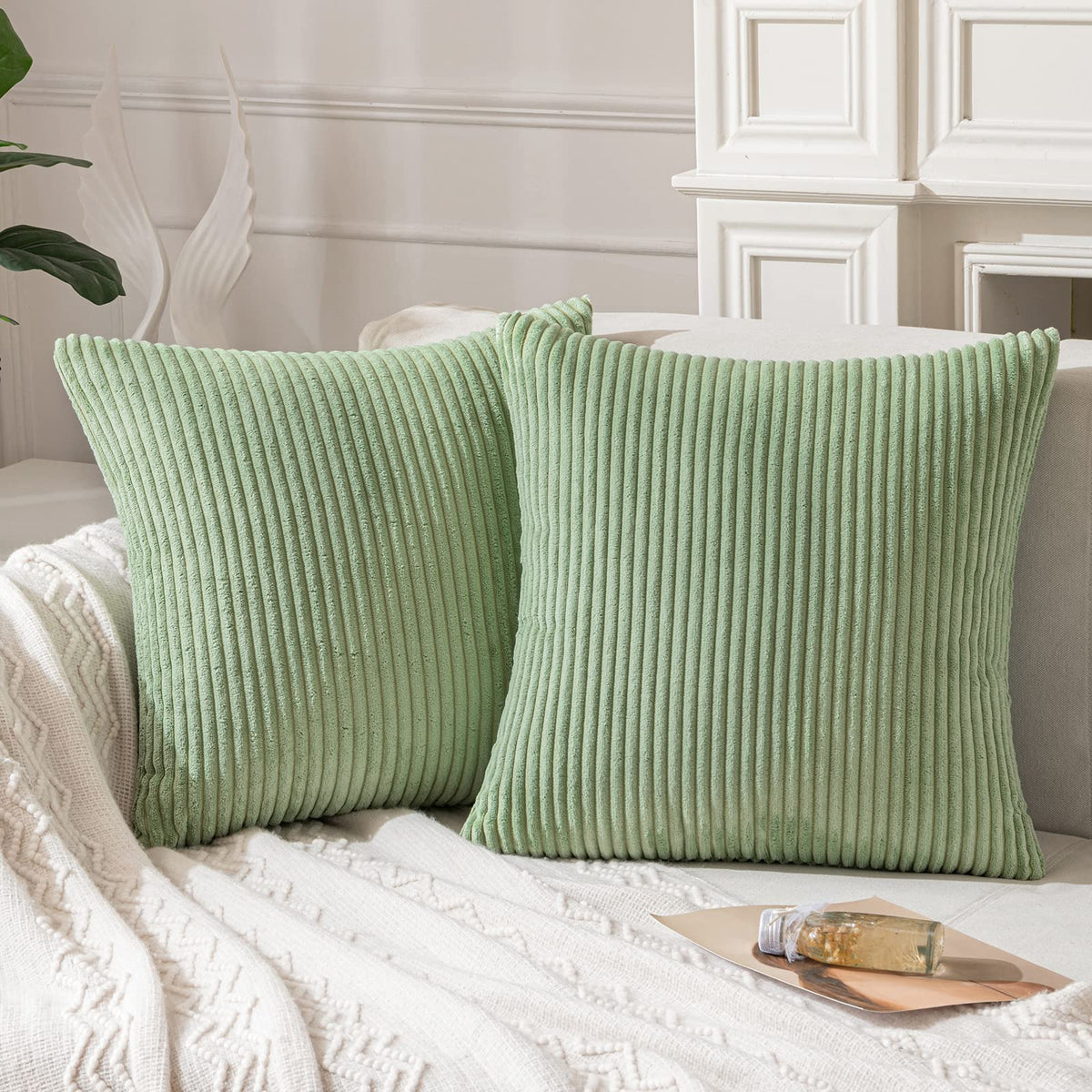 ANRODUO Pack of 2 Sage Green Throw Pillow Covers with Corduroy Cushion Case 18x18 Cute and Soft Boho Throw Pillows Decorative Pillows Covers for Bed Couch Sofa and Living Room Euro Spring Decor