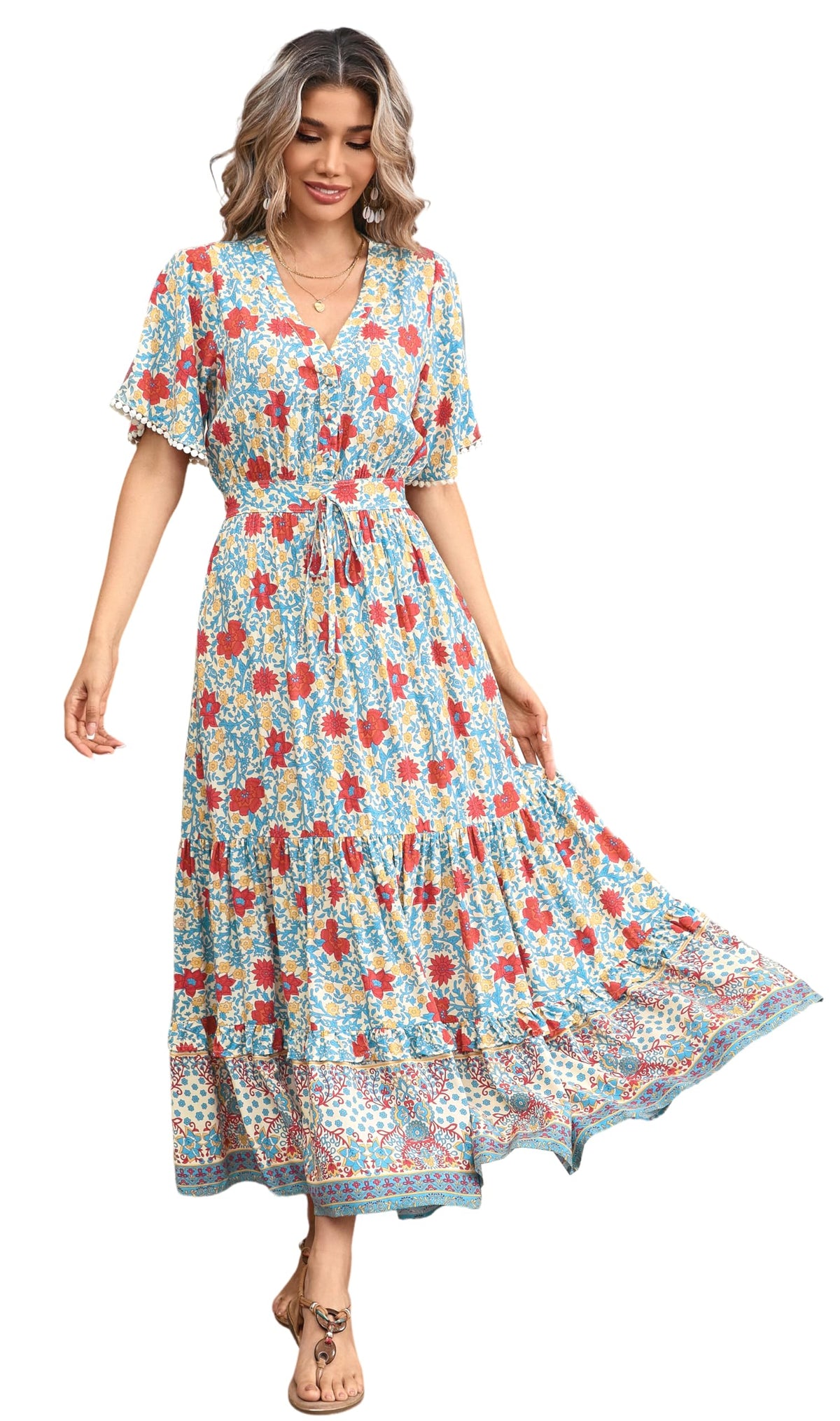 R.Vivimos Women's Summer Boho V Neck Button Up Short Sleeve Bohemian Print Ruffle Hem Beach Style Long Maxi Dress Vacation Dress(Large,BeigeBlue)