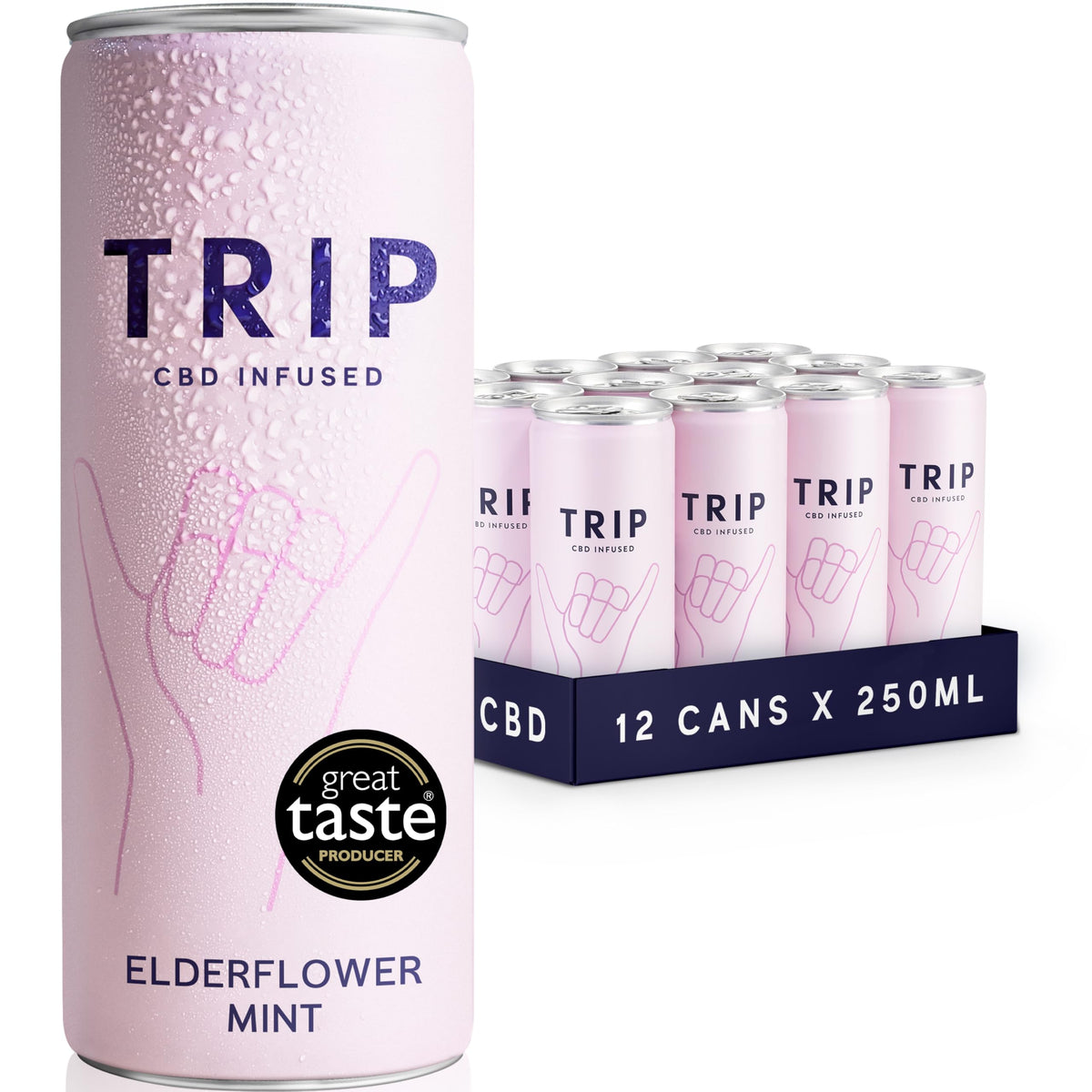 TRIP CBD Drink, Sparkling Elderflower Mint Fizzy Drink, Low Calorie, Vegan, Stress & Anxiety Relief (Pack of 12 x 250ml)