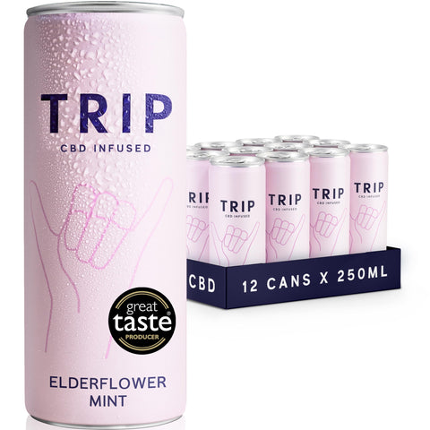 TRIP CBD Drink, Sparkling Elderflower Mint Fizzy Drink, Low Calorie, Vegan, Stress & Anxiety Relief (Pack of 12 x 250ml)