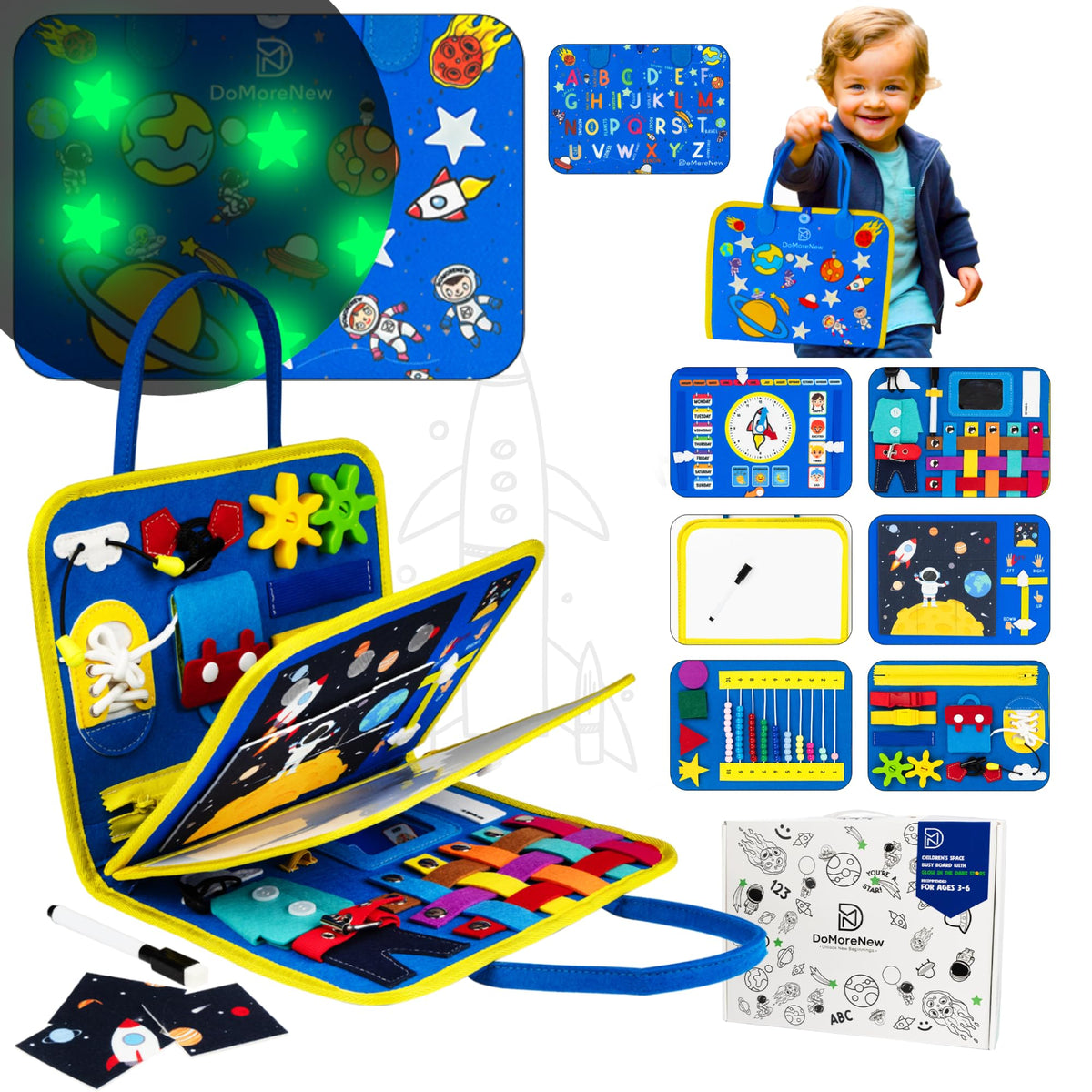 DoMoreNew Busy Board with Super Glow in the Dark Stars and +40 activities - for Baby and Toddlers of ages 2+, Educational Learning Montessori Busy Book Toy with Whiteboard, Mirror, and Gift Box.