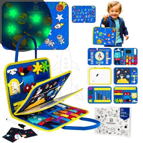 DoMoreNew Busy Board with Super Glow in the Dark Stars and +40 activities - for Baby and Toddlers of ages 2+, Educational Learning Montessori Busy Book Toy with Whiteboard, Mirror, and Gift Box.