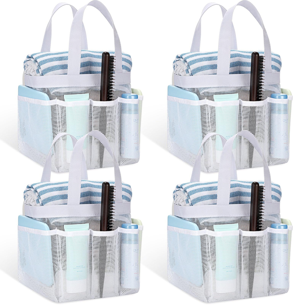 Hillban 4 Pcs Mesh Shower Caddy Portable Large Shower Caddy Basket with Deeper 8 Pockets for College Dorm Room Quick Dry Shower Essentials 2 Handles Hanging Shower Bag (White)