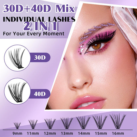DIY Lash Extension Kit 280pcs Individual Lashes Cluster B&Q D Curl Eyelash Extension Kit Lash Clusters with Lash Bond and Seal and Lash Applicator Tool (KIT,30D40D-0.07D-9-16MIX)