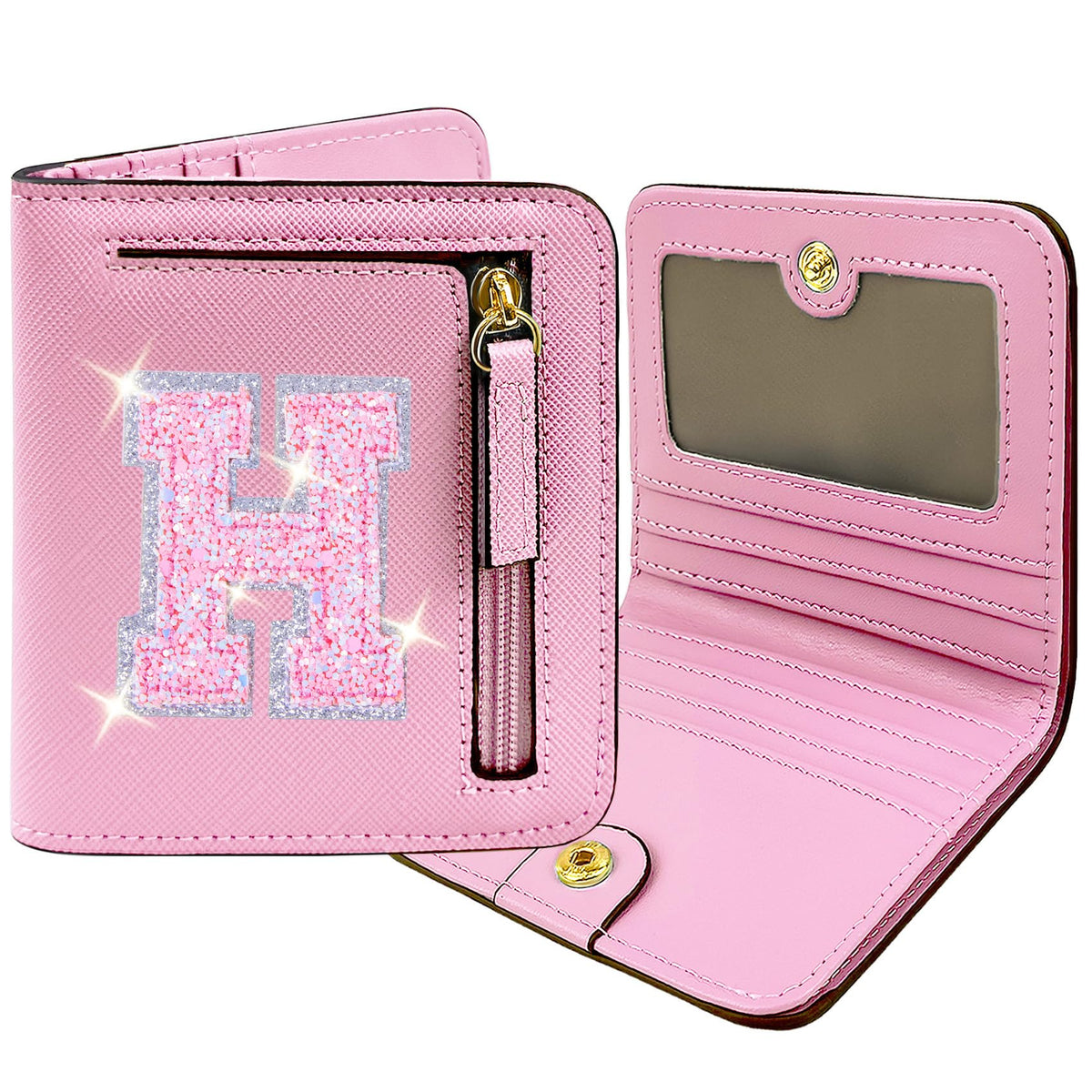 COSHAYSOO Initial Wallet RFID Small Bifold Slim Letter Wallet for Women Teenager Girls Travel Daily Necessities Credit Cards Money Cash Coin Organizer, Pink, Compact, H