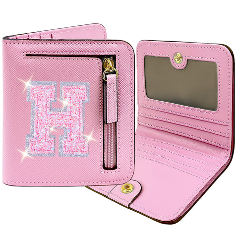 COSHAYSOO Initial Wallet RFID Small Bifold Slim Letter Wallet for Women Teenager Girls Travel Daily Necessities Credit Cards Money Cash Coin Organizer, Pink, Compact, H