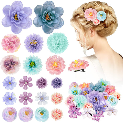 BBTO 21 Pieces Flower Hair Clip Rose Hair Clips Hair Barrettes for Women Flower Hair Accessories Boho Bride Claw Clip Hairpin Brooch Pin Headpiece for Wedding(Blue, Purple)