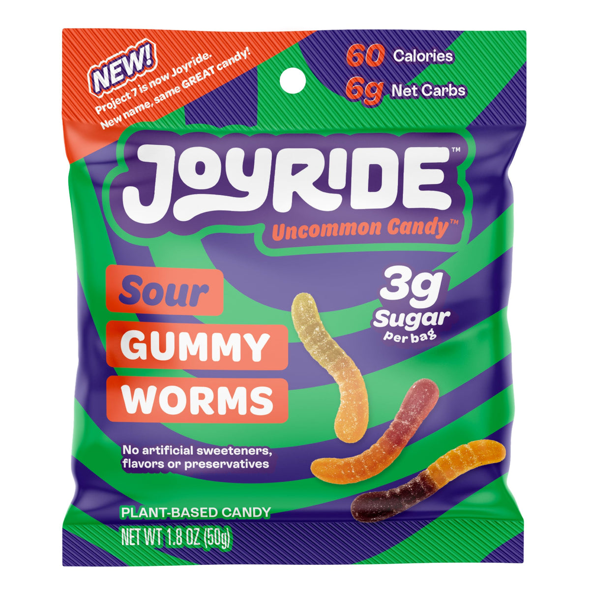 JOYRIDE Low-Sugar Sour Gummies - Keto Candy with 3g Sugar & 6g Net Carbs - Low Calorie Vegan Snack with No Sugar Alcohols (Sour Gummy Worms, 1.8oz (Pack of 8))