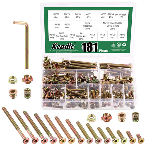Keadic 181 Pcs M6 Zinc Plated Furniture Screw Hardware Replacement Kit Contains Hex Socket Cap Bolts Barrel Nuts, Wood Thread Nutsert, Four Claws T-Nuts and Flange Nuts for Cots Beds Table Crib