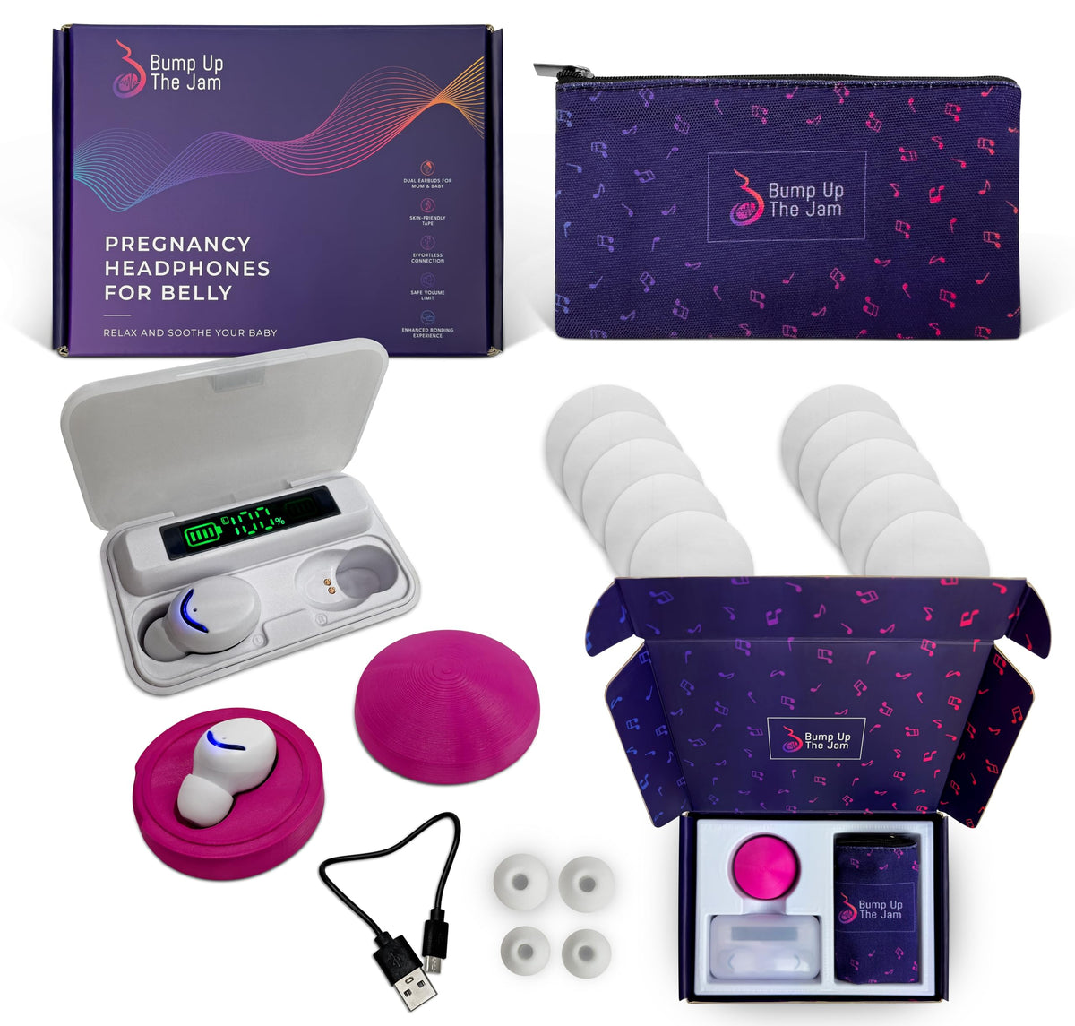 Bump Up The Jam - Baby Bump Headphones (Bluetooth), Safe & Sound Technology (Safe Volume Limit), Skin-Friendly Tape, Dual Speaker (Mom+Baby), Enhanced Bonding with Belly Headphones for Pregnant Women