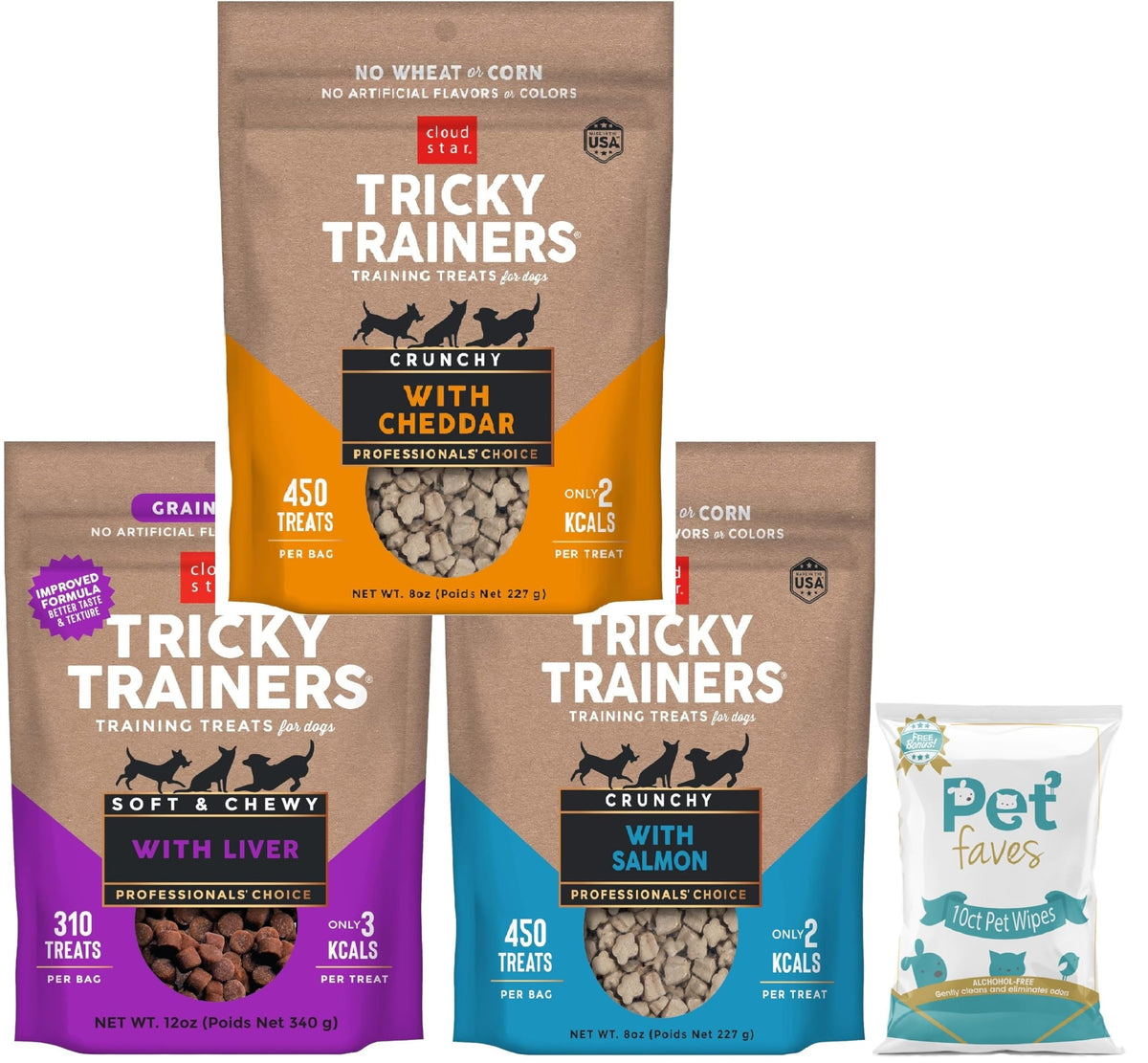 (3 Pack) Cloud Star Tricky Trainers Crunchy Low Calorie Training Dog Treat 14 oz, Cheddar, Liver, and Salmon with 10ct Pet Wipes