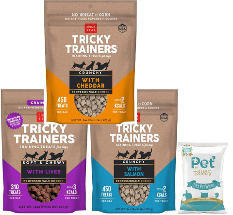 (3 Pack) Cloud Star Tricky Trainers Crunchy Low Calorie Training Dog Treat 14 oz, Cheddar, Liver, and Salmon with 10ct Pet Wipes