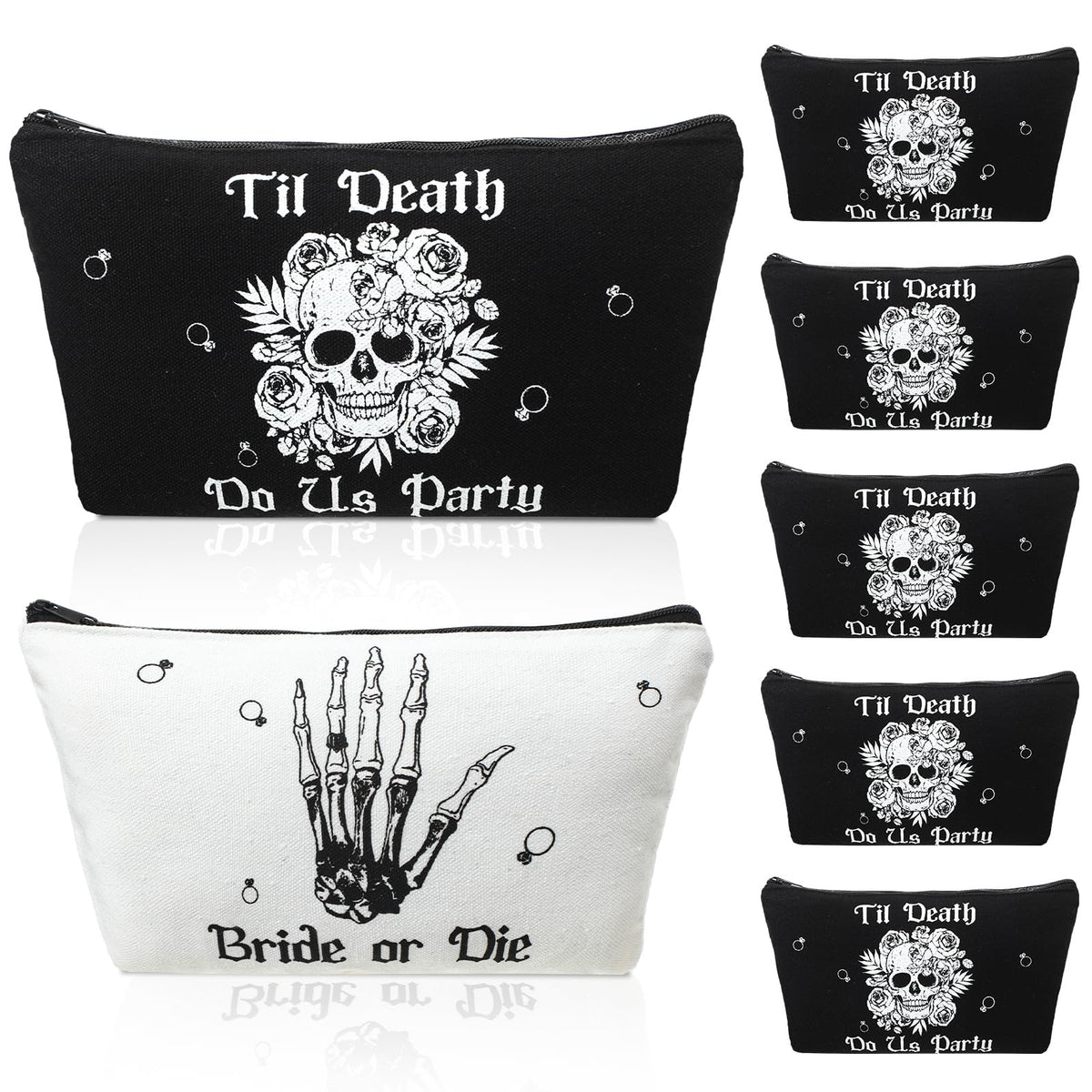 Silkfly 7 Pcs Bride or Die Bachelorette Party Makeup Bag Till Death Cosmetic Bags for Gothic Halloween Bridal Shower Supplies, White, Black