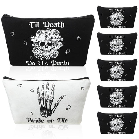 Silkfly 7 Pcs Bride or Die Bachelorette Party Makeup Bag Till Death Cosmetic Bags for Gothic Halloween Bridal Shower Supplies, White, Black