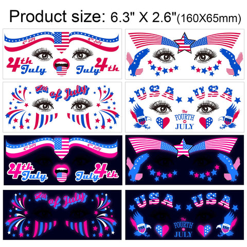 HOWAF 4th of July Glow UV Neon Temporary Tattoos 10 Sheets Independence Day Face Tattoo for USA Patriotic Party Supplies, American Flag Tattoos Stickers Face Art Decoration Red White Blue Tattoos
