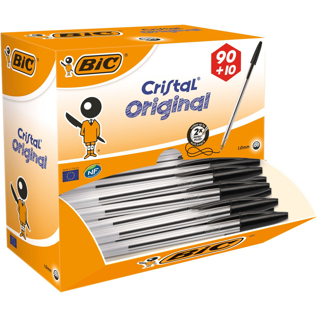 BIC Cristal Original Ballpoint Pens, Every-Day Biro Pen, Fine Point (1.0mm), Ideal for School, Black Ink, 100 Count (Pack of 1)
