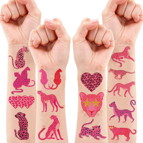 Generic 96 PCS Pink Cheetah Print Temporary Tattoos Theme Birthday Party Favors Supplies Decorations Decor for Girls Boys Classroom School Prizes Rewards