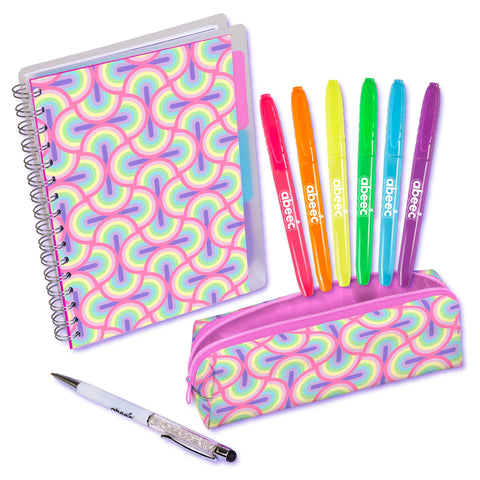 abeec Stationery Set for Girls - School Supplies for Kids - A5 Notebook, Ballpoint Pen with Stylus, Pencil Case and 6 Neon Highlighters