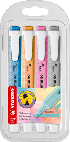 STABILO swing cool Pastel - Highlighter - Pack of 4 - Dusty Grey, Frozen Fuchsia, Breezy Blue, Pale Orange