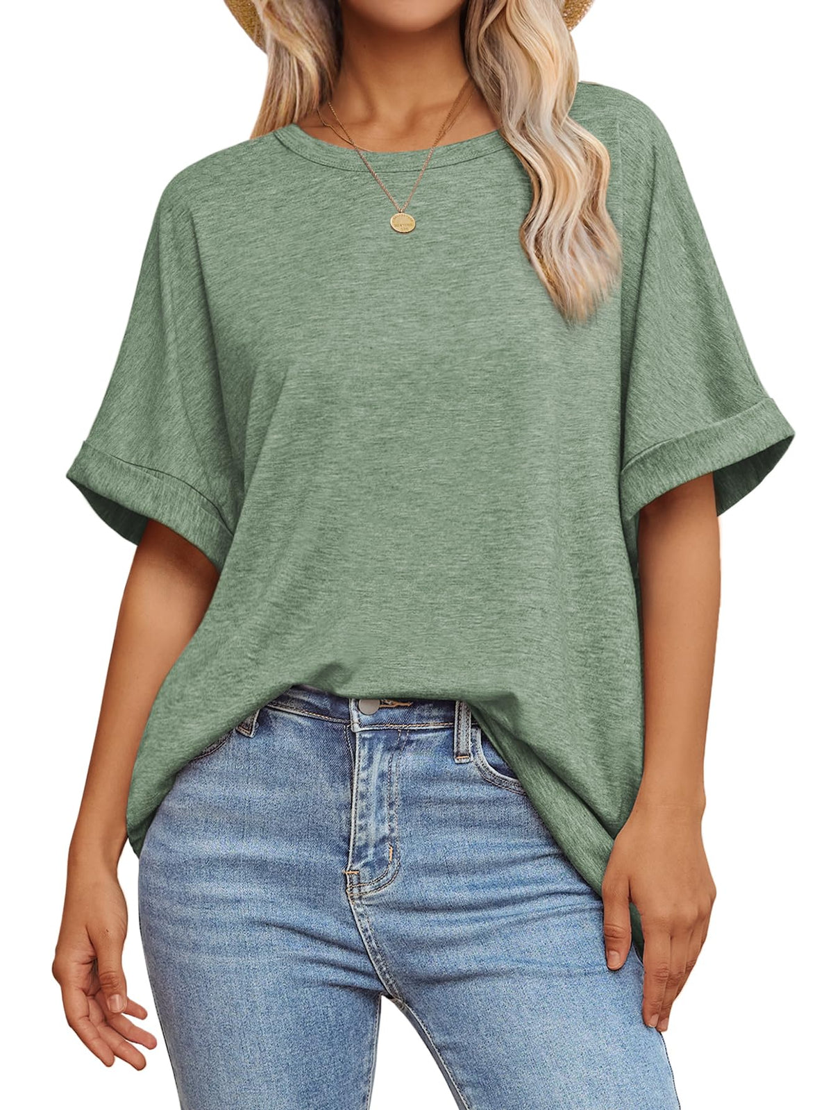ATHMILE Womens Oversized T Shirts Loose Fit Crewneck Short Sleeve Summer Casual Blouse 2024 Y2K Tee Tops Gray Green