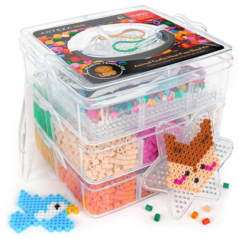 Arteza Kids Heat Fuse Beads, 12,000 Iron Beads, 12 Colors, 35 Animal-Themed Designs, 5 Templates, 10 Key Rings, Kids Activities and Craft Supplies for Indoor Play and After-School Activities