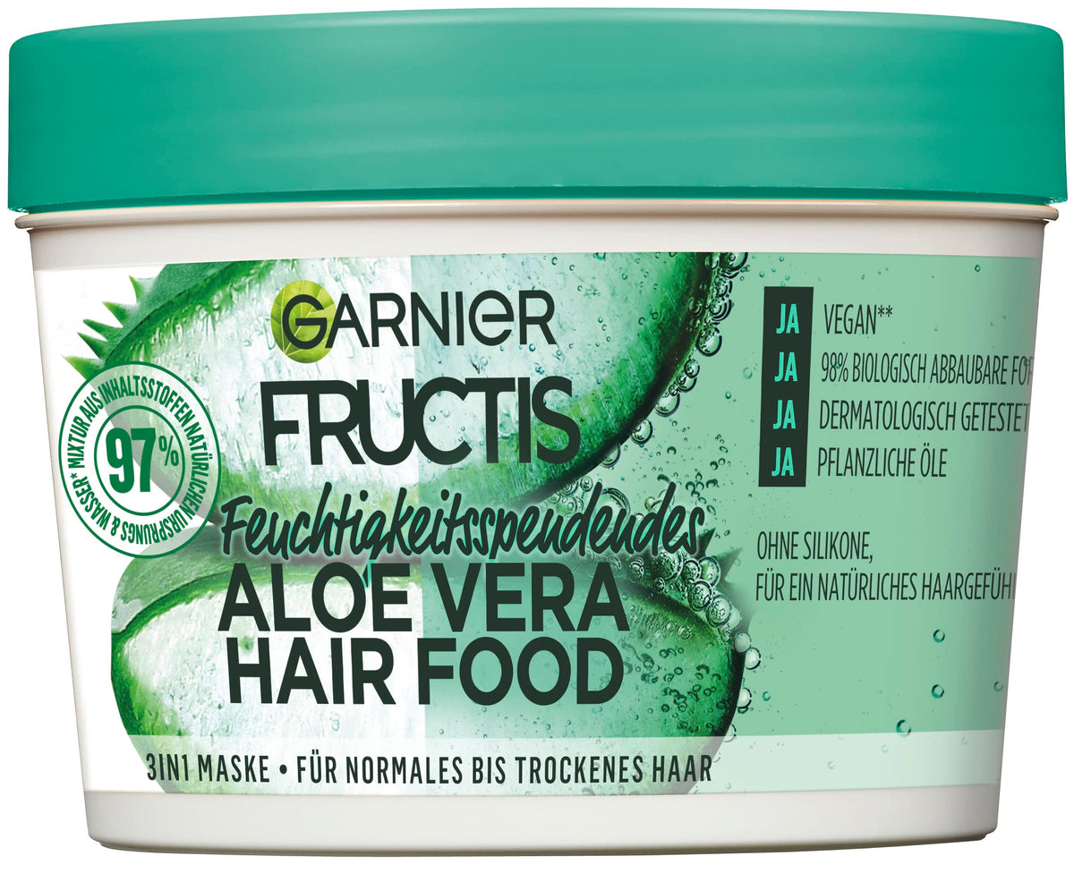 Garnier Hair Mask, Aloe Vera, Hairfood Moisturising 3-in-1 Mask, Care for Smooth Hair, Fructis, 390 ml