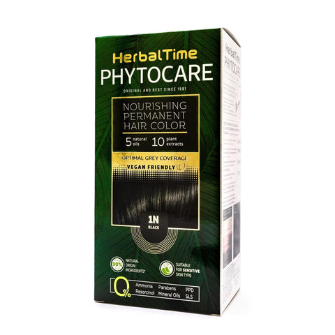 Herbal Time Phytocare Permanent Hair Dye Color Black 1N | Professional Natural Hair Dye Kit | Nourish and Protect Your Hair | Ammonia, PPD and SLS Free | 124.5 ml