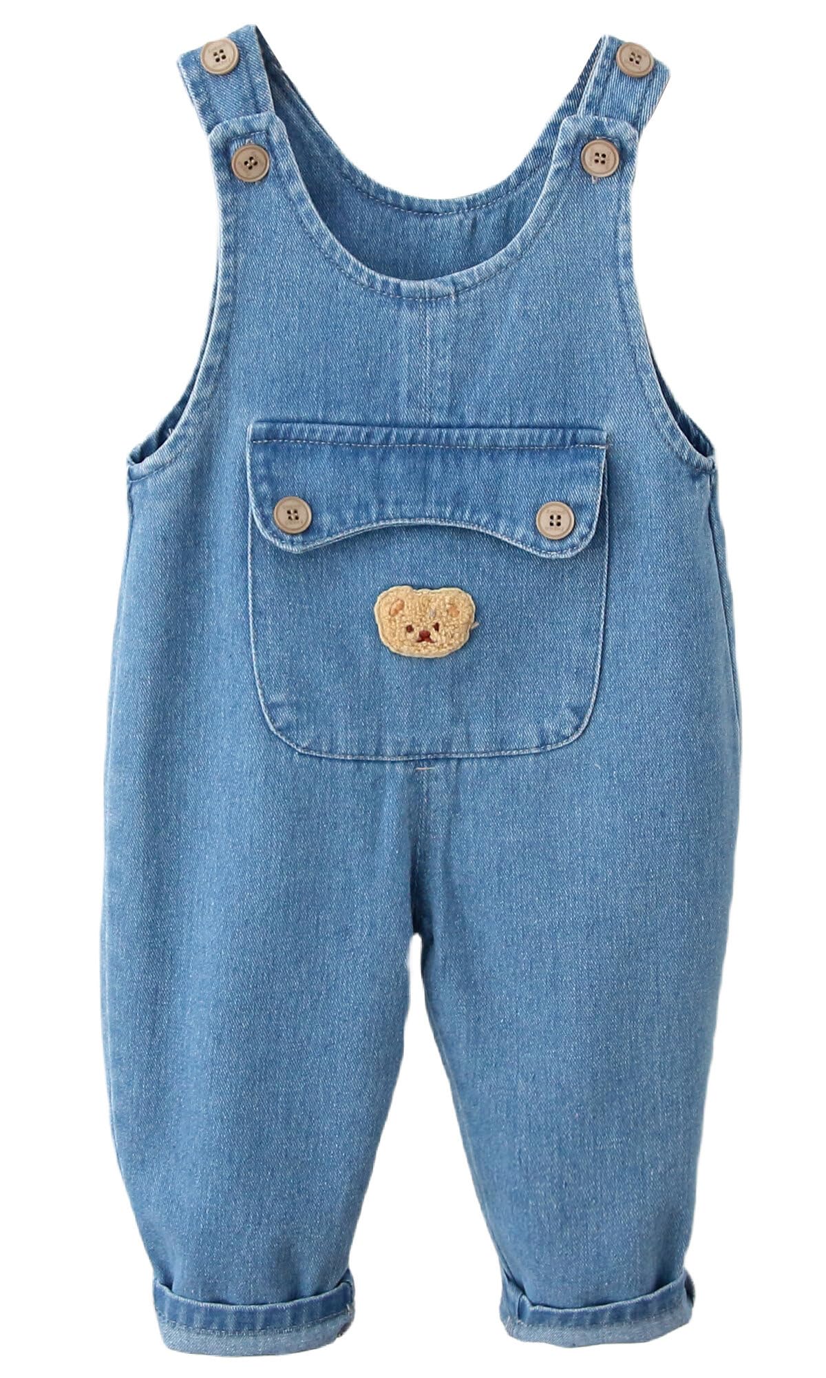 FEOYA Baby Girls Boys Dungarees One Piece Overalls Cotton Soft Loose Jumpsuit Unisex Toddler Solid Button Denim Pants Trousers with Pockets for 2-3 Years