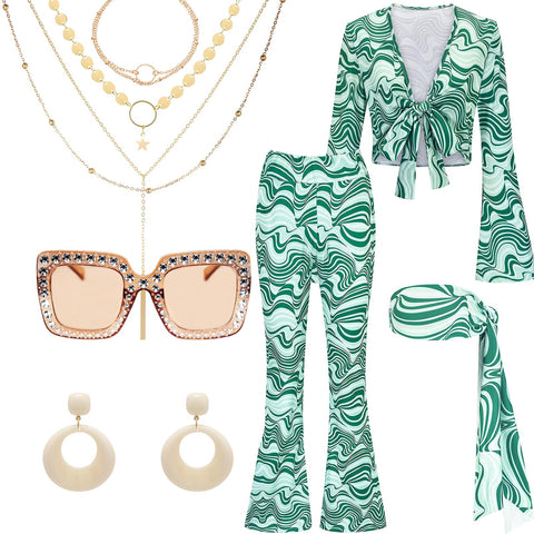 60/70s Disco Fancy Dress for Women, 1970s Hippie Costume Outfit with Flared Top Trousers Headband Necklace Earrings Bracelet Waist Chain Glasses Hippy Style Clothes for Ladies Dress Up Retro Party